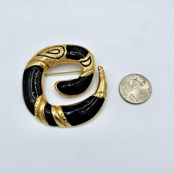 Serpent Snake Brooch Vintage Chunky Paisley Black Enamel Gold Tone Statement Pin - Picture 3 of 8